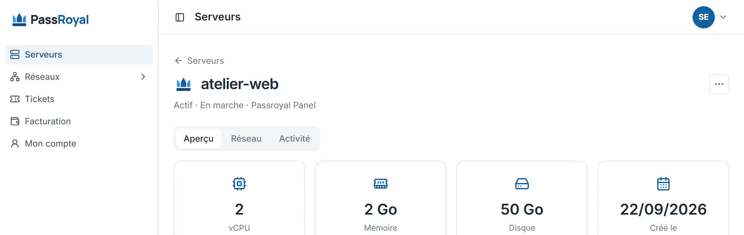 La page d’un serveur PassRoyal prêt : son état, son application et sa taille, processeur, mémoire et disque.
