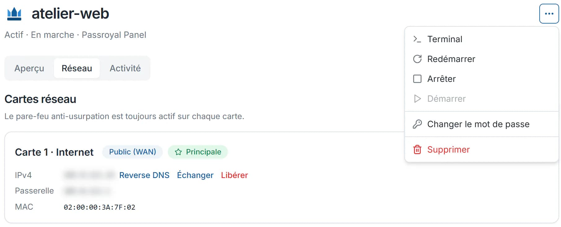 La page d’un serveur PassRoyal une fois prêt, avec son adresse et ses actions.