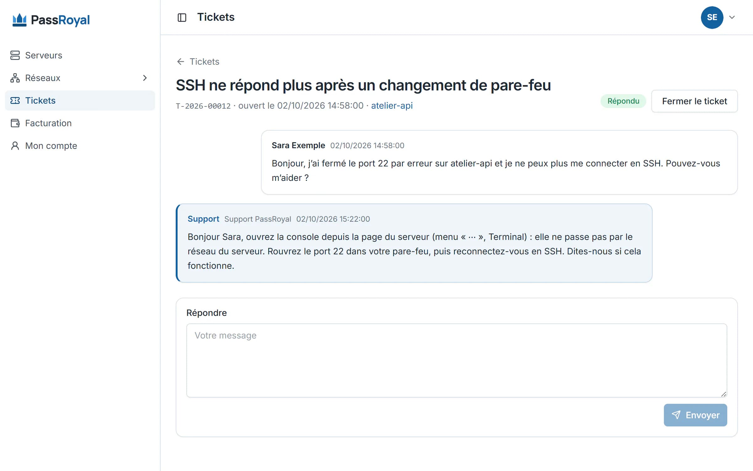 Un ticket de support PassRoyal, rattaché au serveur concerné.
